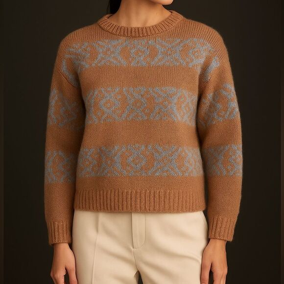 Elsamanda Vintage Italian Wool Blend Fair Isle Sweater in Brown/Blue - Small - Picture 2 of 7